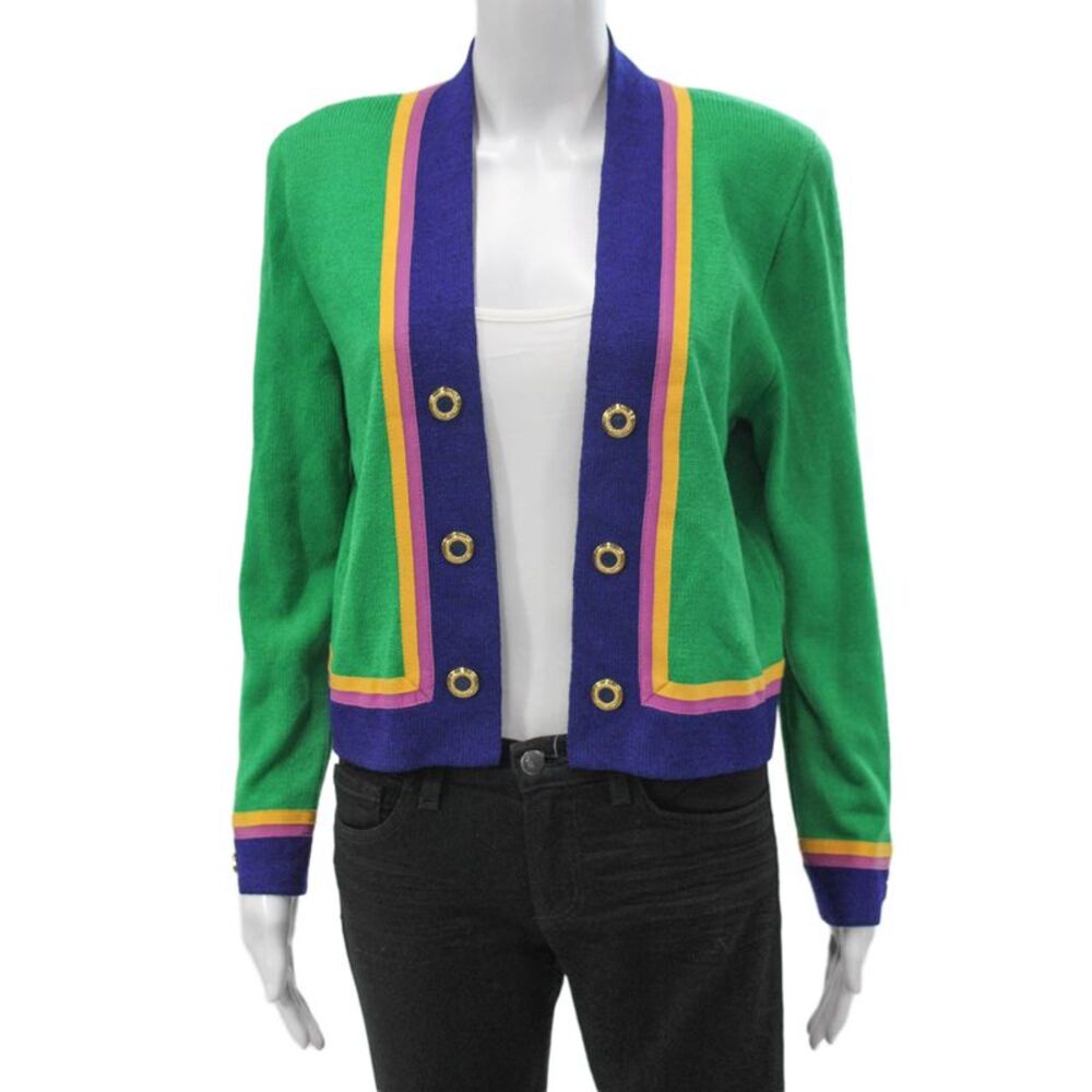 St. John Collection By Marie Gray Womens Cardigan Green Striped V Neck Size 4